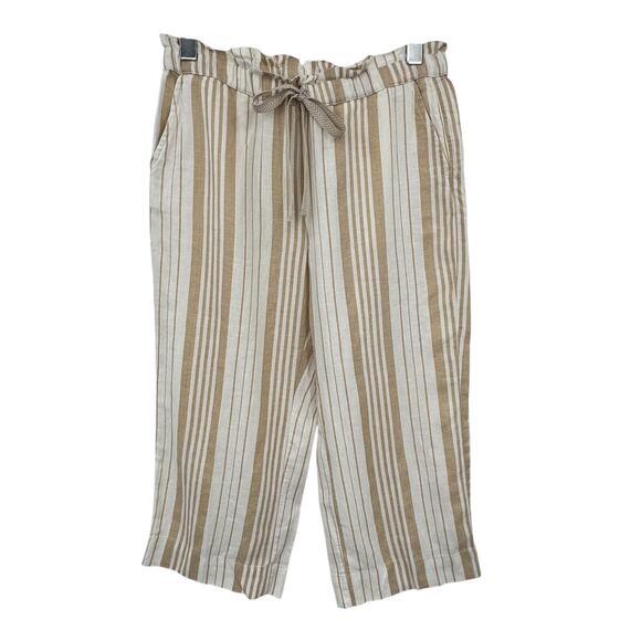 Chico's pants size 2 linen pull on elastic waist cropped wide leg striped tan - Picture 1 of 6